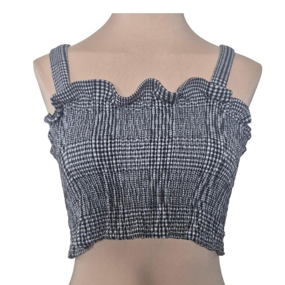 Free People Black & Gray Gingham Crop Top Ruffle Detail Size Medium